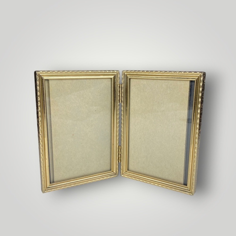 Gold Hinged Double Photo Frame 3x5 Metal 1980s Desk Display 1980s